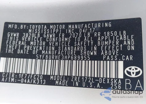 2017 Toyota Corolla Se из США, поврежденный, VIN 5YFBURHE3HP689955